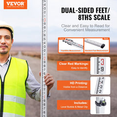 VEVOR Aluminum Grade Rod, 16-Feet/8ths 4 Sections Telescopic Measuring Rod,Double-Sided Scale 1/8in Leveling Rod
