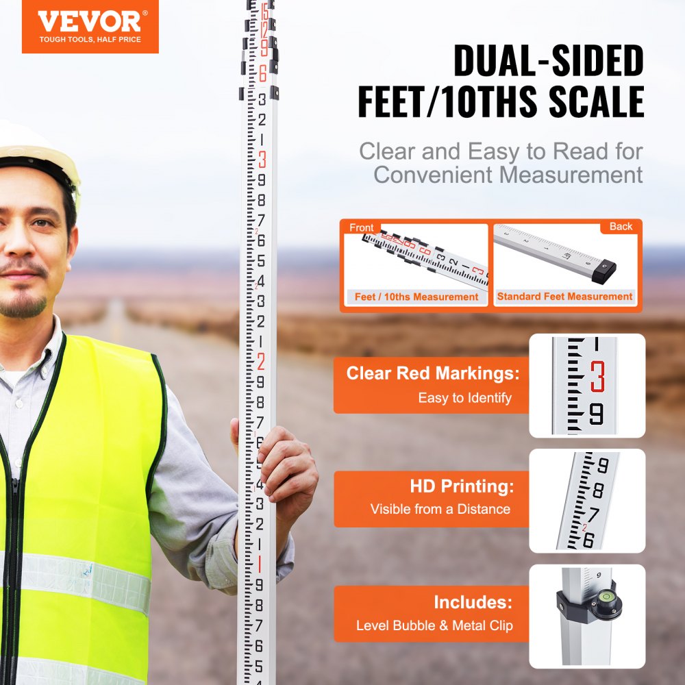 VEVOR Aluminum Grade Rod, 18-Feet/10ths 6 Sections Telescopic Measuring Rod,Double-Sided Scale 1/10ft Leveling Rod