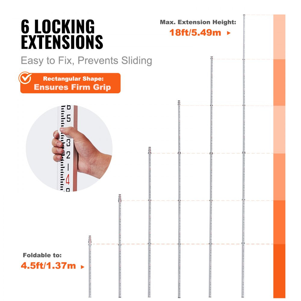 VEVOR Aluminum Grade Rod, 18-Feet/10ths 6 Sections Telescopic Measuring Rod,Double-Sided Scale 1/10ft Leveling Rod