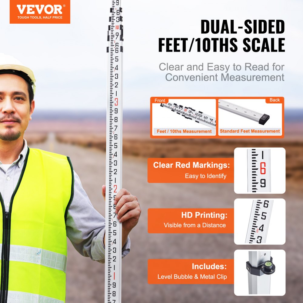 VEVOR Aluminum Grade Rod, 20-Feet/10ths 6 Sections Telescopic Measuring Rod,Double-Sided Scale 1/10ft Leveling Rod