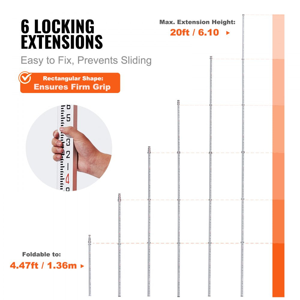 VEVOR Aluminum Grade Rod, 20-Feet/10ths 6 Sections Telescopic Measuring Rod,Double-Sided Scale 1/10ft Leveling Rod