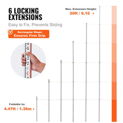 VEVOR Aluminum Grade Rod, 20-Feet/10ths 6 Sections Telescopic Measuring Rod,Double-Sided Scale 1/10ft Leveling Rod