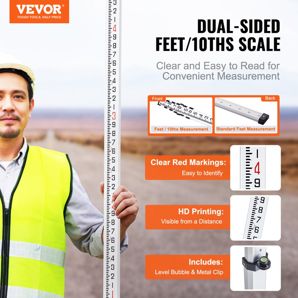 VEVOR Aluminum Grade Rod, 25-Feet/10ths 6 Sections Telescopic Measuring Rod,Double-Sided Scale 1/10ft Leveling Rod