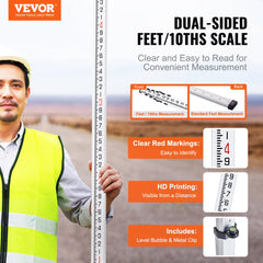 VEVOR Aluminum Grade Rod, 25-Feet/10ths 6 Sections Telescopic Measuring Rod,Double-Sided Scale 1/10ft Leveling Rod