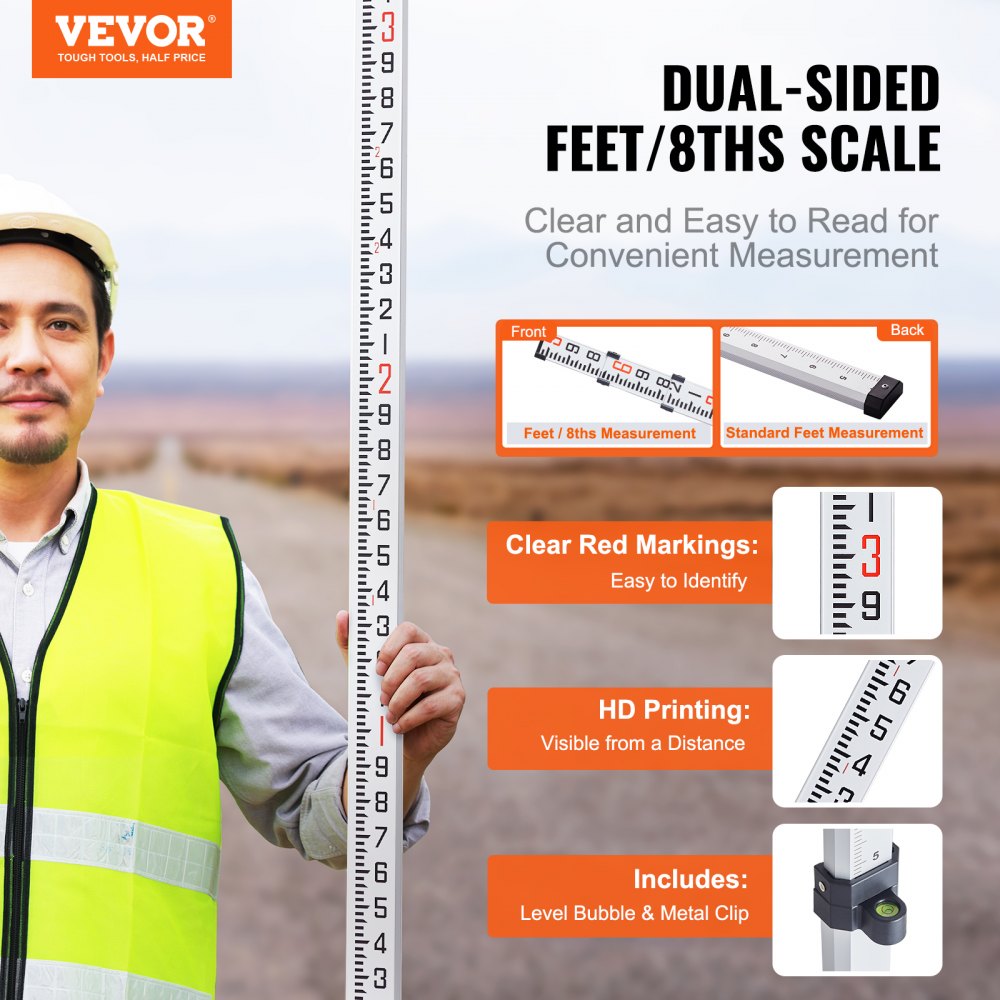 VEVOR Aluminum Grade Rod, 9-Feet/10ths 3 Sections Telescopic Measuring Rod,Double-Sided Scale 1/10ft Leveling Rod