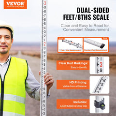 VEVOR Aluminum Grade Rod, 9-Feet/10ths 3 Sections Telescopic Measuring Rod,Double-Sided Scale 1/10ft Leveling Rod