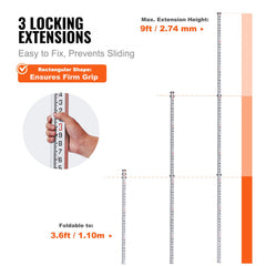 VEVOR Aluminum Grade Rod, 9-Feet/10ths 3 Sections Telescopic Measuring Rod,Double-Sided Scale 1/10ft Leveling Rod
