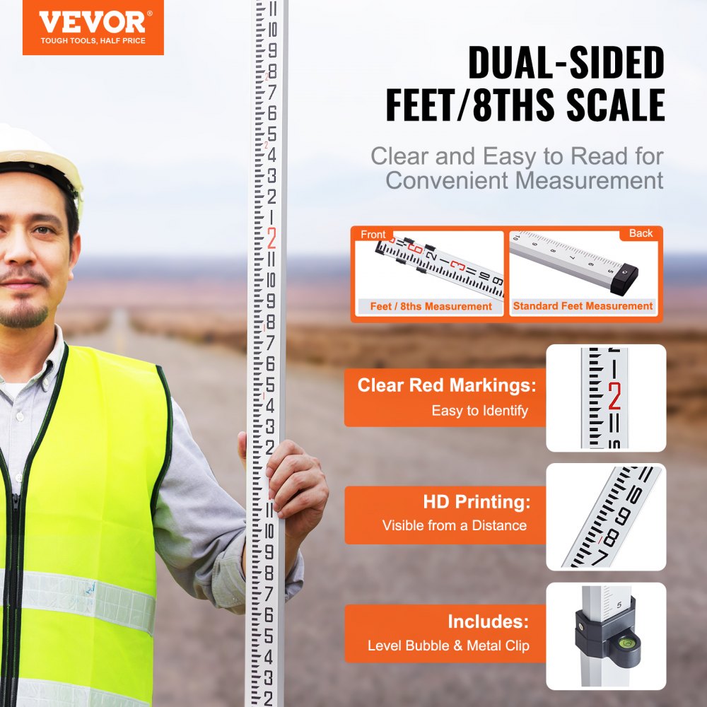 VEVOR Aluminum Grade Rod, 9-Feet/8ths 3 Sections Telescopic Measuring Rod, Double-Sided Scale 1/8in Leveling Rod