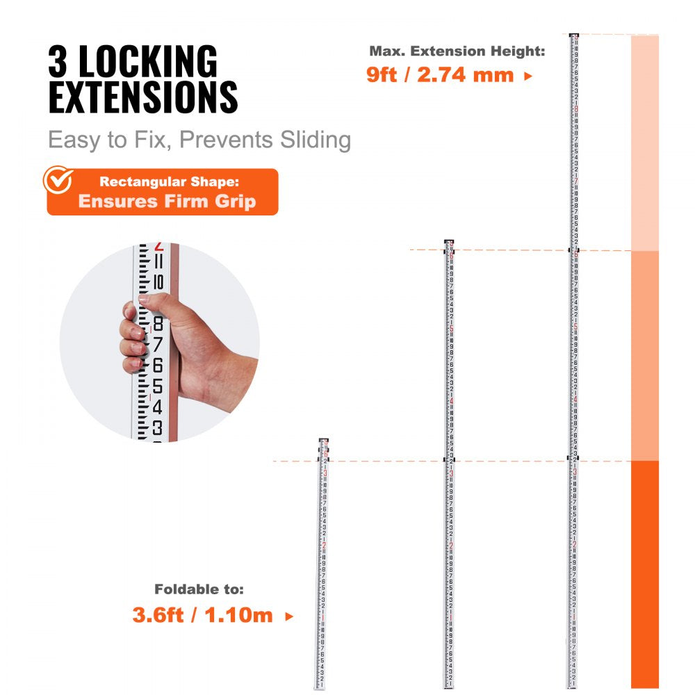 VEVOR Aluminum Grade Rod, 9-Feet/8ths 3 Sections Telescopic Measuring Rod, Double-Sided Scale 1/8in Leveling Rod