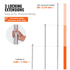 VEVOR Aluminum Grade Rod, 9-Feet/8ths 3 Sections Telescopic Measuring Rod, Double-Sided Scale 1/8in Leveling Rod