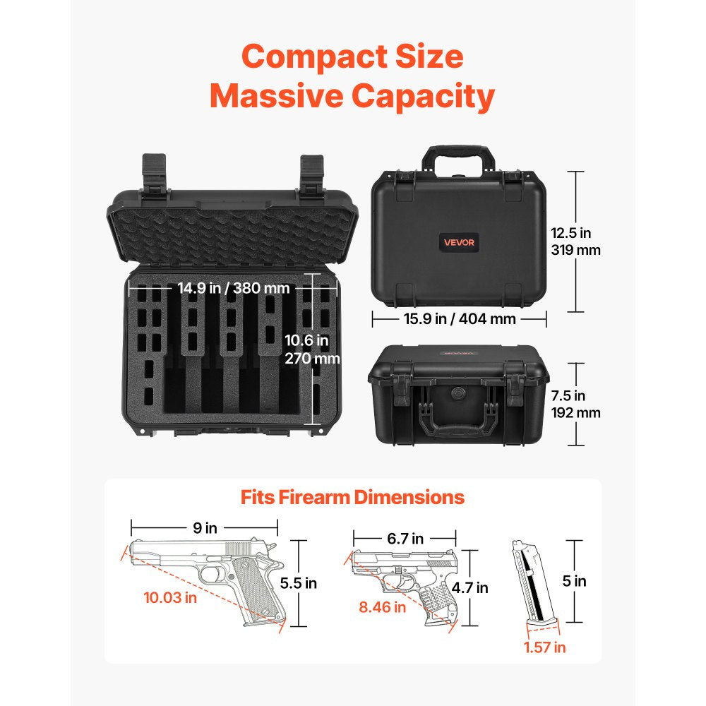 VEVOR Hard Pistol Case, Heavy Duty Hard Gun Case with XPE Foam Lining, Waterproof Pistol Storage Box with Customizable