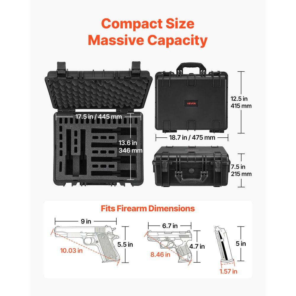 VEVOR Hard Pistol Case, Heavy Duty Hard Gun Case with XPE Foam Interior, Waterproof Pistol Storage Box with