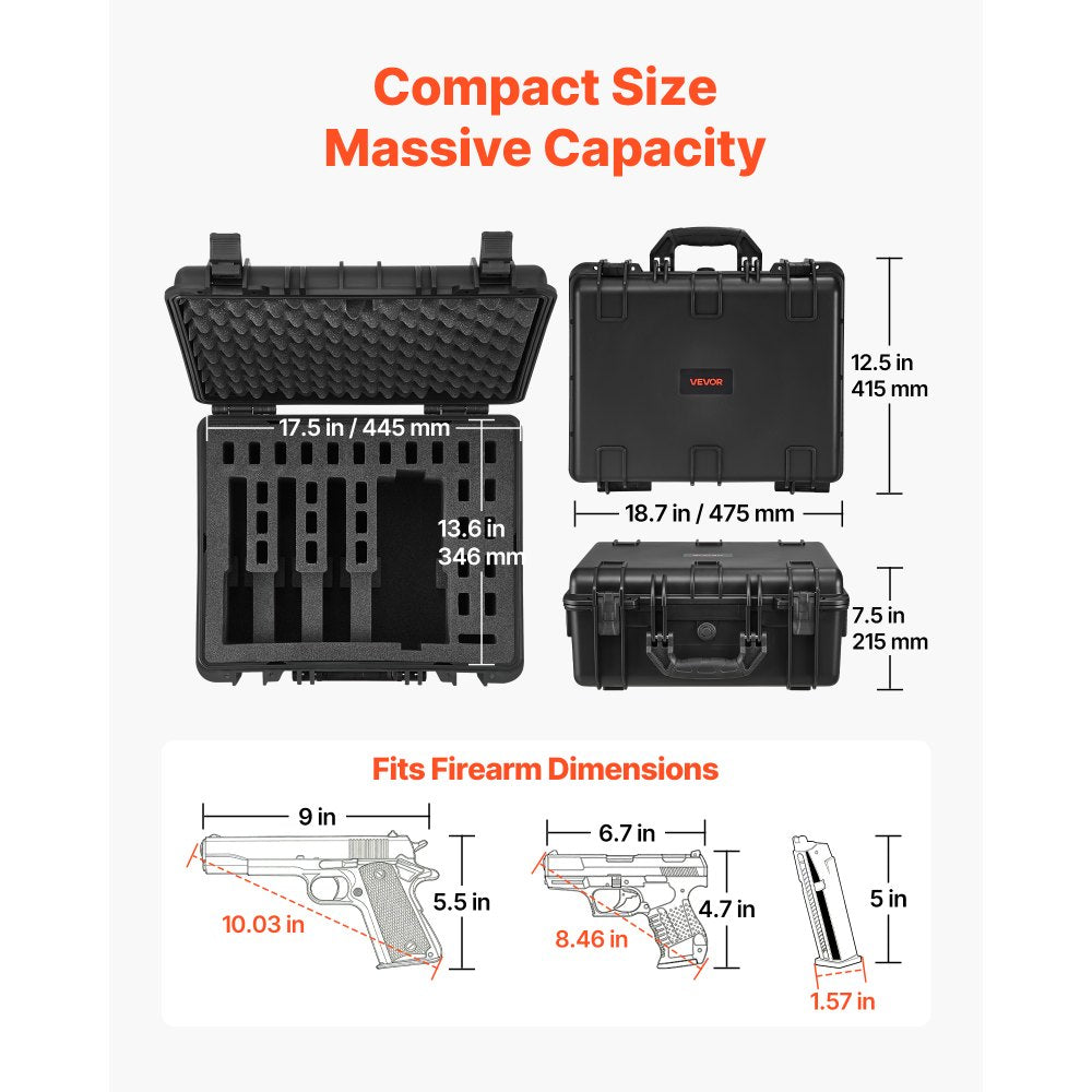 VEVOR Hard Pistol Case, Heavy Duty Hard Gun Case with XPE Foam Lining, Waterproof Pistol Storage Box with Customizable