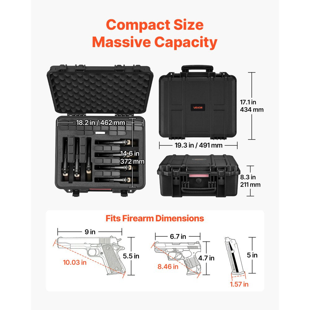 VEVOR Hard Pistol Case, Heavy Duty Hard Gun Case with XPE Foam Lining, Waterproof Pistol Storage Box with Customizable