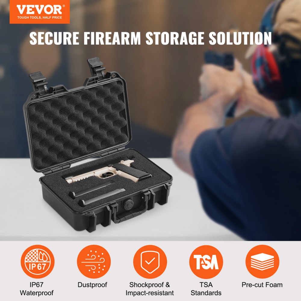VEVOR Hard Pistol Cases with Pre-cut PU Foam, Waterproof & Dustproof Hard Gun Case for 1 Pistol, 12.59×9.01×4.4 in