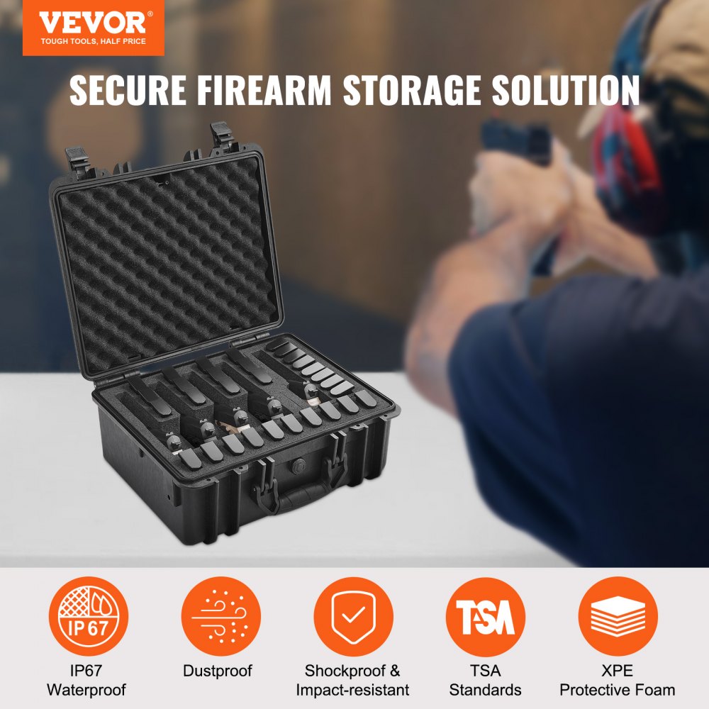 VEVOR Hard Pistol Cases with Pre-cut Lining, Waterproof & Dustproof Hard Gun Case for 5 Pistol, 18.9×16.3×8.5 in