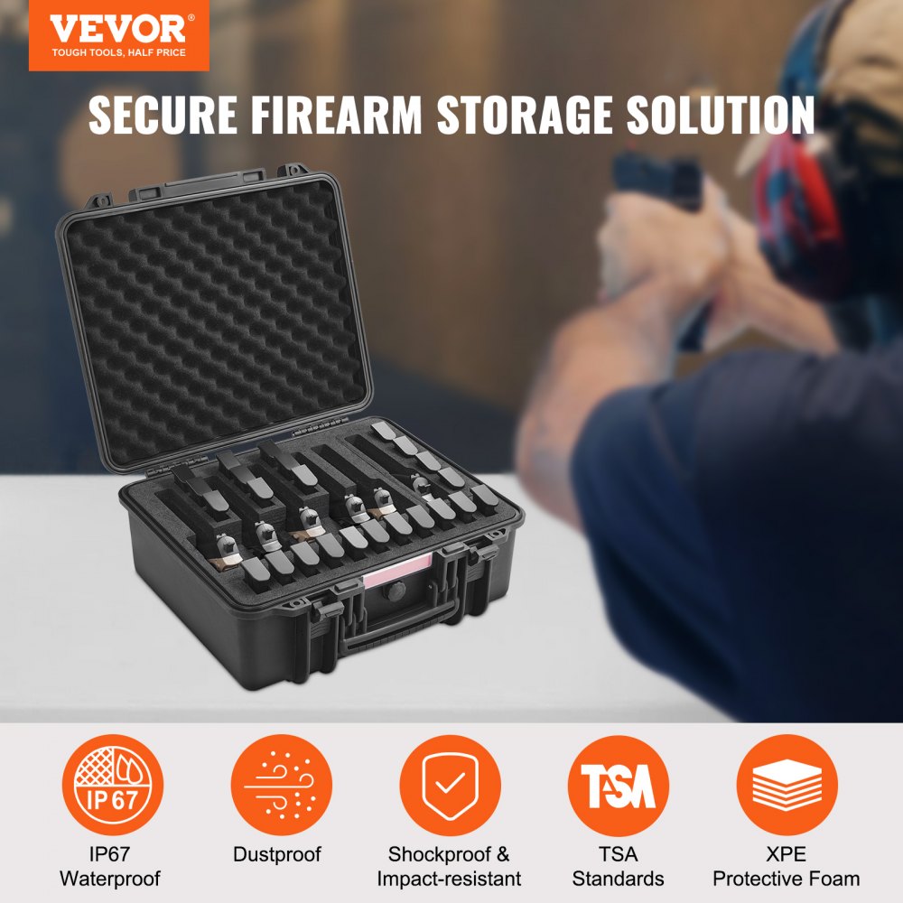 VEVOR Hard Pistol Cases with Pre-cut Lining, Waterproof & Dustproof Hard Gun Case for 6 Pistol, 19.3×17.1×8.3 in