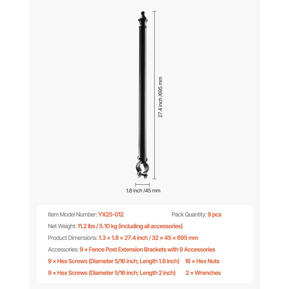 VEVOR Chain Link Fence Extensions, 9 Packs 27.4" Extension Height, Galvanized Post Extender for 1.3" to 1.5" Top of
