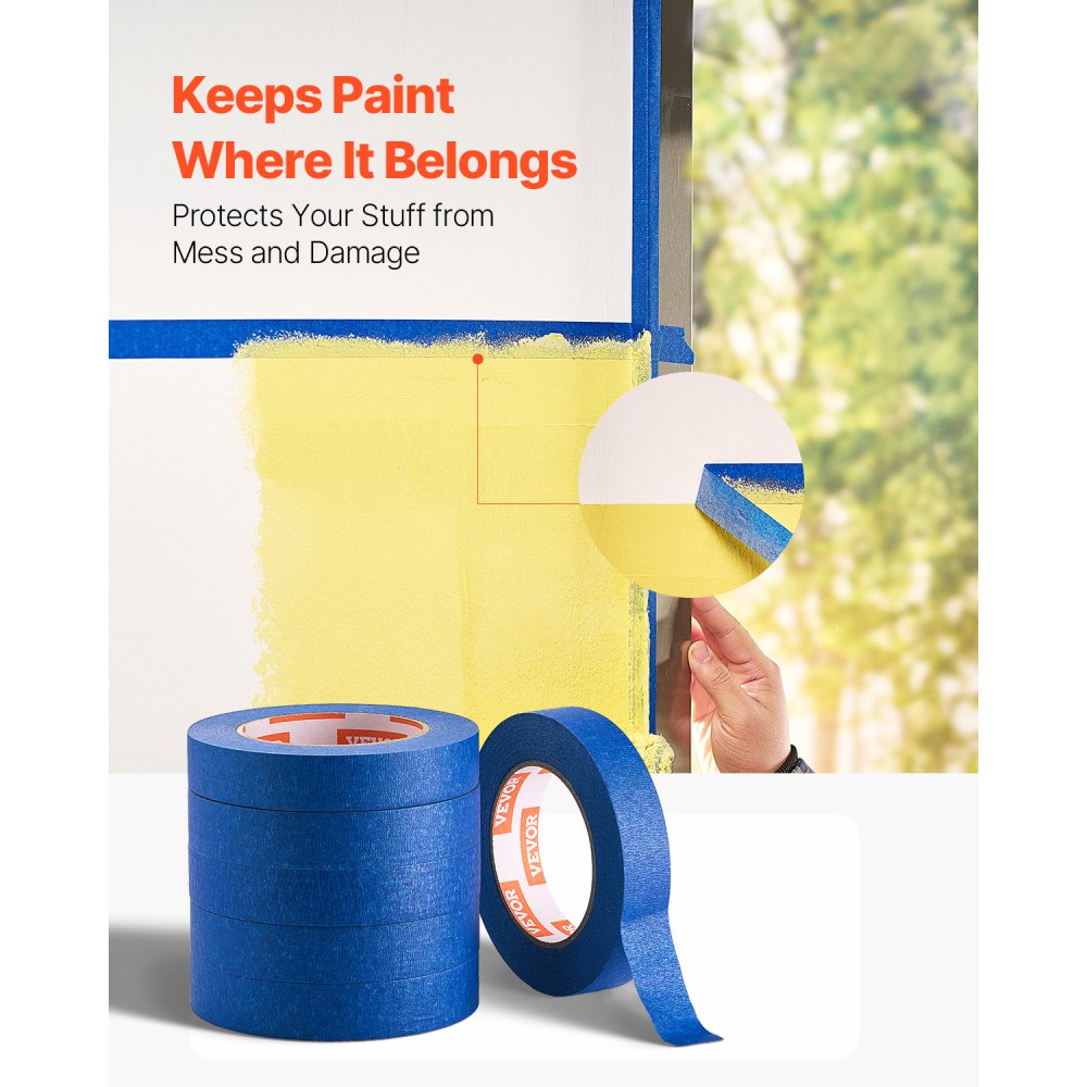 VEVOR Painters Tape, 1 Inch Wide (0.94 In x 60 Yds), 6 Rolls, Blue Painter Tape for Painting, Edge, Trim, Ceiling