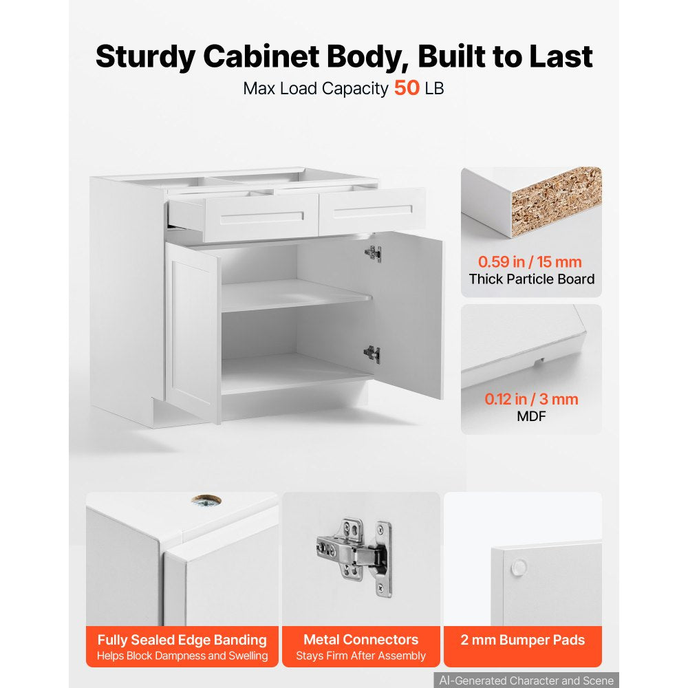 VEVOR White Shaker Base Cabinet Ready to Assemble, 36"W Unassembled Cabinet, 36" W x 24" D x 34.5" H, with 2 Doors, 2