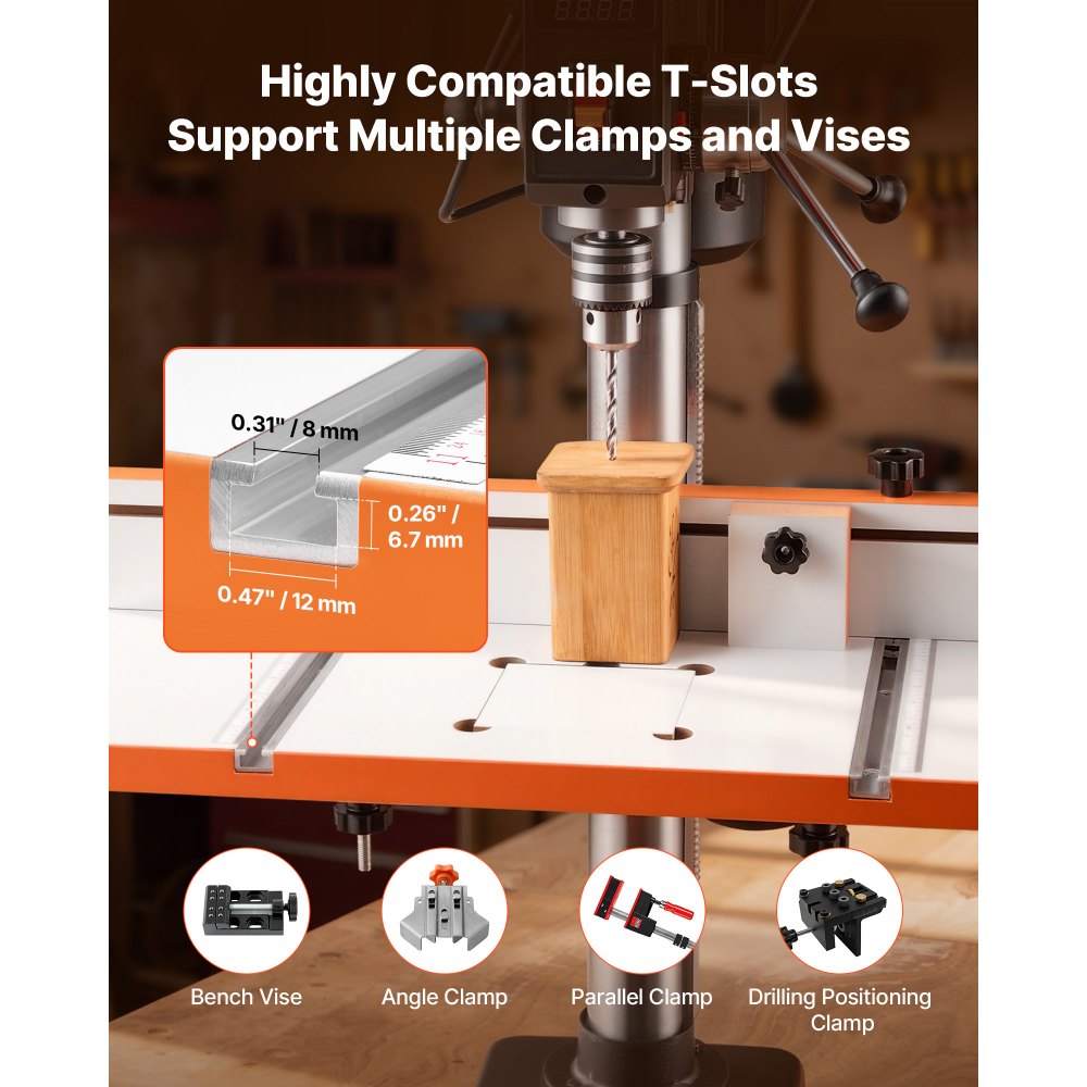 VEVOR Drill Press Table, 24 in x 12 in, Worktable with an Adjustable Fence and Stop Block, Highly Compatible T-Slots