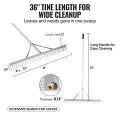 VEVOR Landscape Rake, 36" Head Aluminum Landscape Rake, Lake Weed Rake with 75" Long Handle, for Loosening Soil, Lawn