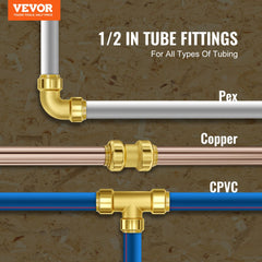 VEVOR Pipe Fittings, 1/2" 25PCS (10xStraight, 10xElbows, 5xTees) Brass Pipe Fittings, Push-Fit Pipe Connector Brass Air