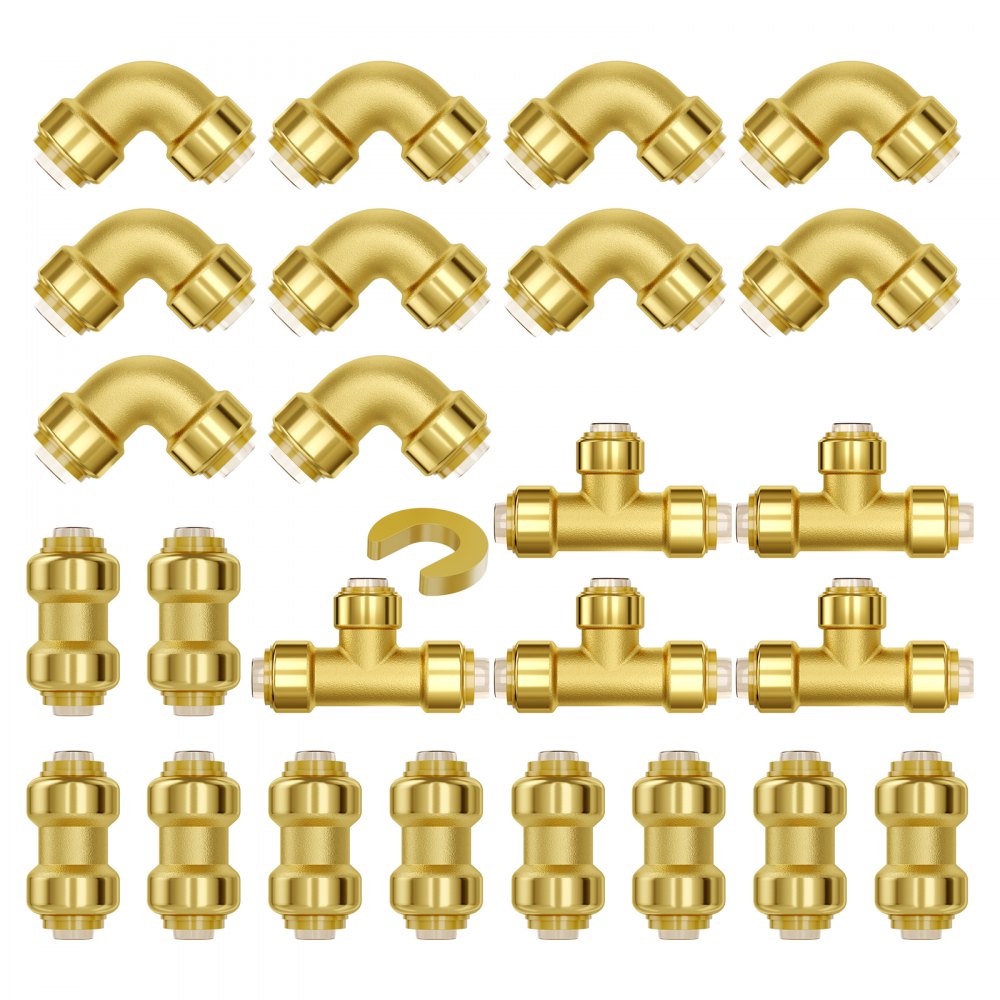VEVOR Pipe Fittings, 1/2" 25PCS (10xStraight, 10xElbows, 5xTees) Brass Pipe Fittings, Push-Fit Pipe Connector Brass Air