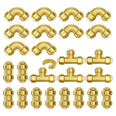 VEVOR Pipe Fittings, 1/2" 25PCS (10xStraight, 10xElbows, 5xTees) Brass Pipe Fittings, Push-Fit Pipe Connector Brass Air