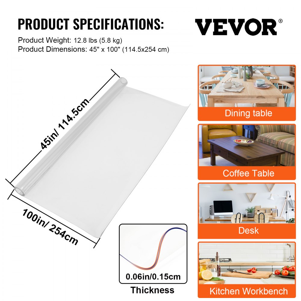 VEVOR Plastic Table Cover, 45"x100"x0.06", Transparent PVC Table Protector, Rectangle Clear Desk Mat, Water Oil Proof