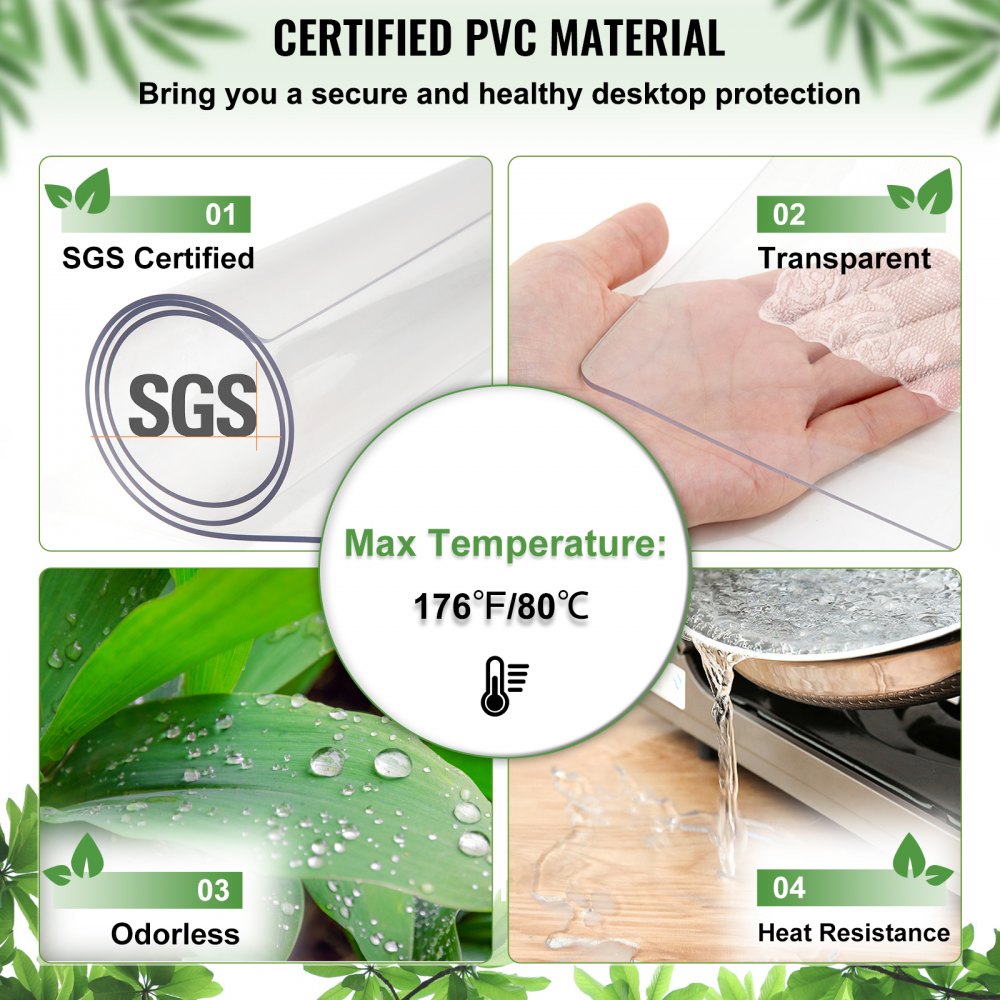 VEVOR Plastic Table Cover, 46"x96"x0.08", Transparent PVC Table Protector, Rectangle Clear Desk Mat, Water Oil Proof