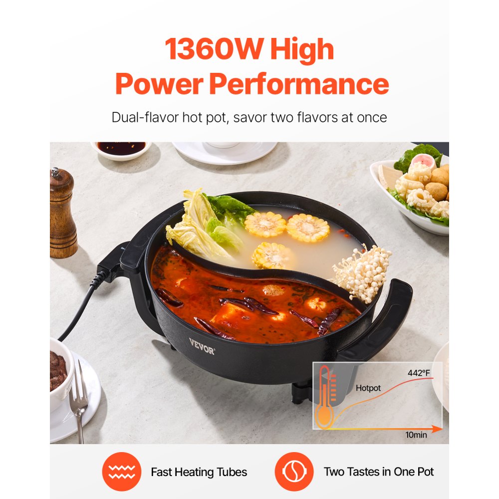 VEVOR Electric Hot Pot, 1360W 5 L Double-flavor Shabu Shabu Pot, Non-Stick Electric Cooker with Divider, Clear Glass