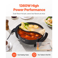 VEVOR Electric Hot Pot, 1360W 5 L Double-flavor Shabu Shabu Pot, Non-Stick Electric Cooker with Divider, Clear Glass