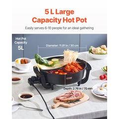 VEVOR Electric Hot Pot, 1360W 5 L Double-flavor Shabu Shabu Pot, Non-Stick Electric Cooker with Divider, Clear Glass