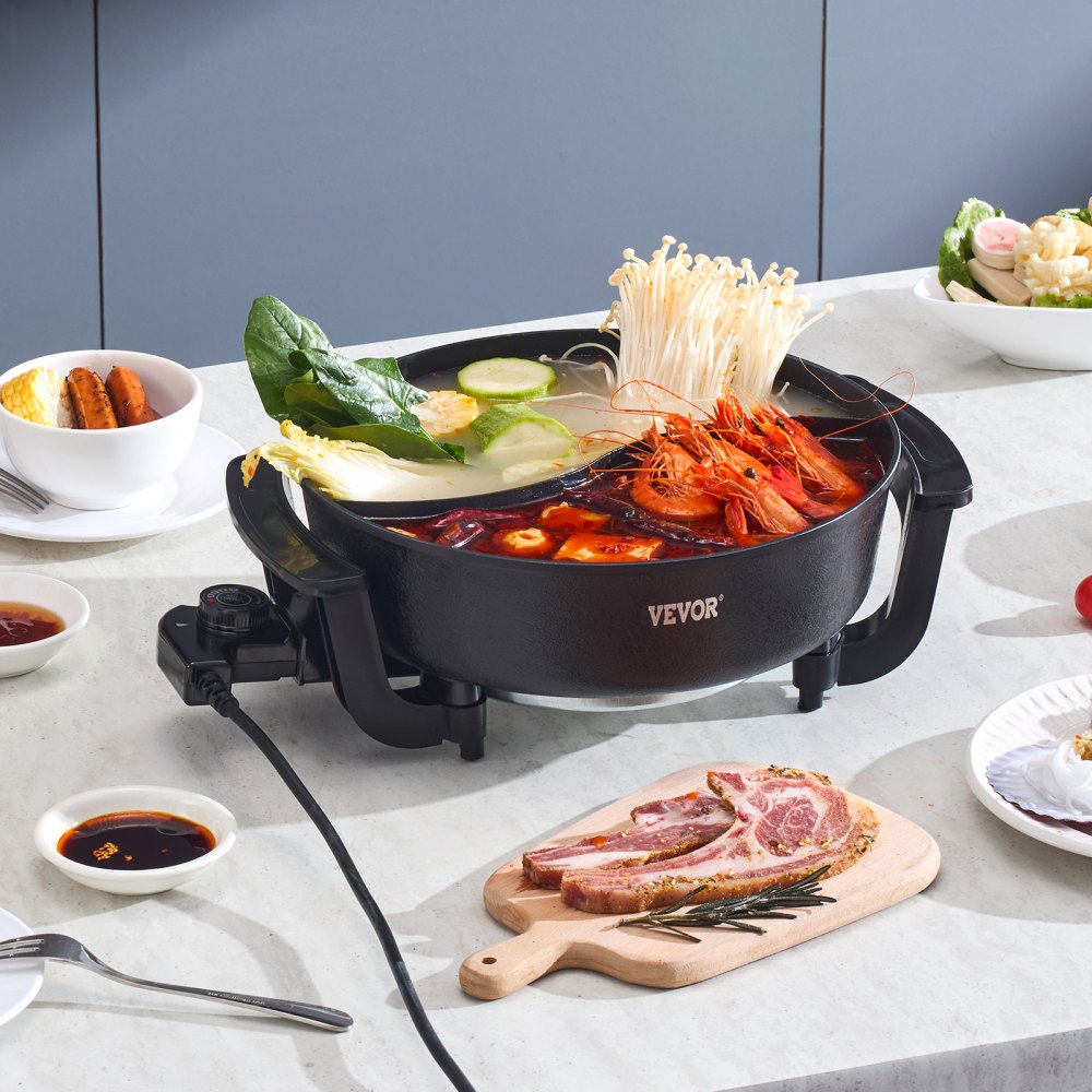 VEVOR Electric Hot Pot, 1360W 5 L Double-flavor Shabu Shabu Pot, Non-Stick Electric Cooker with Divider, Clear Glass