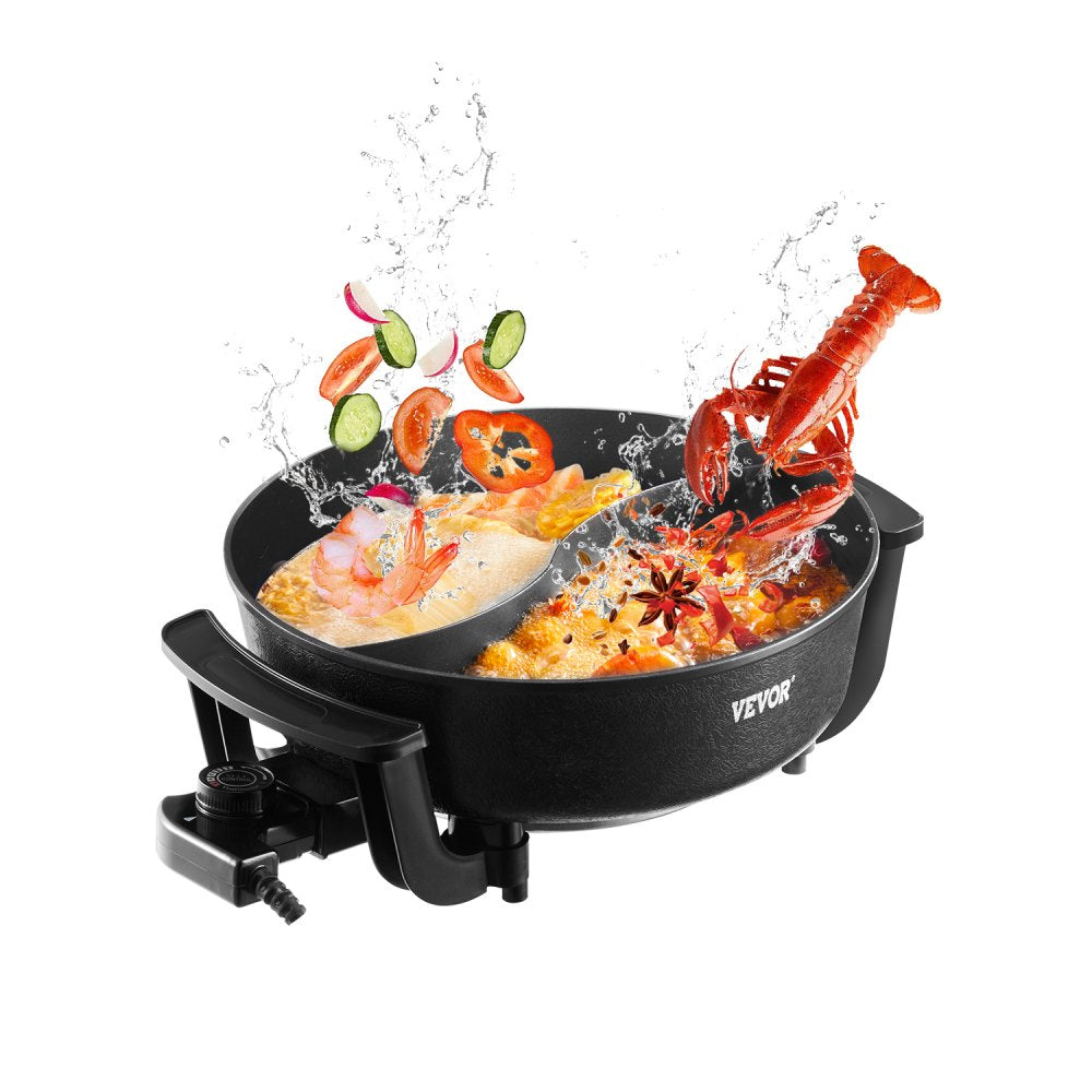 VEVOR Electric Hot Pot, 1360W 5 L Double-flavor Shabu Shabu Pot, Non-Stick Electric Cooker with Divider, Clear Glass