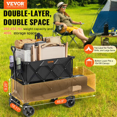 VEVOR Foldable Double Decker Wagon, 400L Collapsible Wagon Cart with All-Terrain Wheels, Heavy Duty Folding Wagon Cart