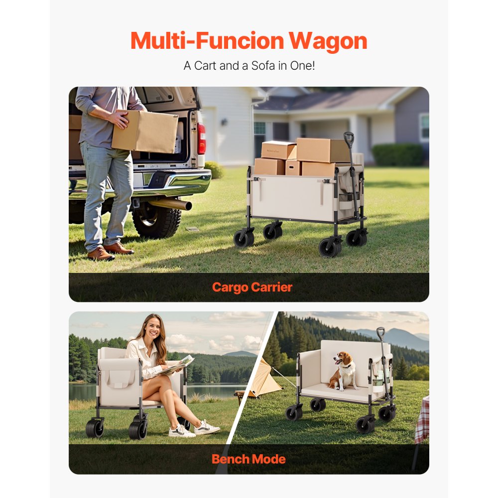 VEVOR Collapsible Folding Wagon, 550lb Load & 220L, 2 in 1 Foldable Wagon Cart Converts to Bench, Utility Wagon with