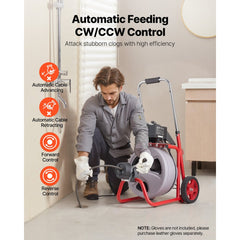 VEVOR Drain Cleaner Machine 75 FT x 3/8 Inch, Auto Feed Sewer Snake Drain Auger on Wheels, Portable Drain Cleaning