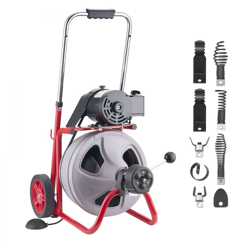 VEVOR Drain Cleaner Machine 75 FT x 3/8 Inch, Auto Feed Sewer Snake Drain Auger on Wheels, Portable Drain Cleaning