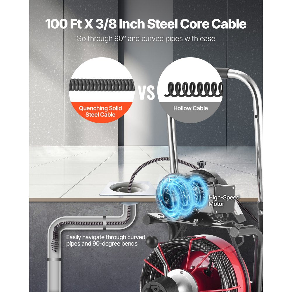 VEVOR Drain Cleaner Machine 100 FT x 3/8 Inch, Auto Feed Sewer Snake Auger on Wheels - with 8 Cutters & Air-Activated