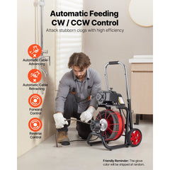 VEVOR Drain Cleaner Machine 100 FT x 1/2 Inch, Auto Feed Sewer Snake Auger on Wheels - with 8 Cutters & Air-Activated