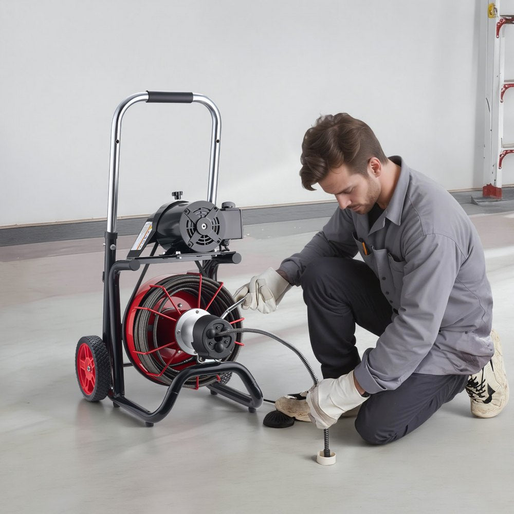 VEVOR Drain Cleaner Machine 100 FT x 1/2 Inch, Auto Feed Sewer Snake Auger on Wheels - with 8 Cutters & Air-Activated