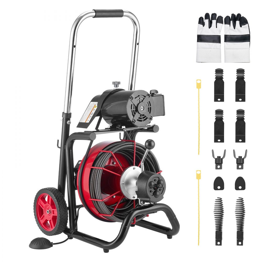 VEVOR Drain Cleaner Machine 100 FT x 1/2 Inch, Auto Feed Sewer Snake Auger on Wheels - with 8 Cutters & Air-Activated