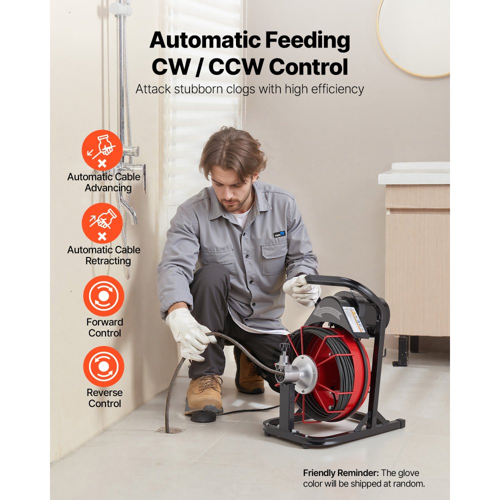 VEVOR Drain Cleaner Machine 50 FT x 5/16 Inch, Auto Feed Sewer Snake Auger with 4 Cutters & Air-Activated Foot Switch