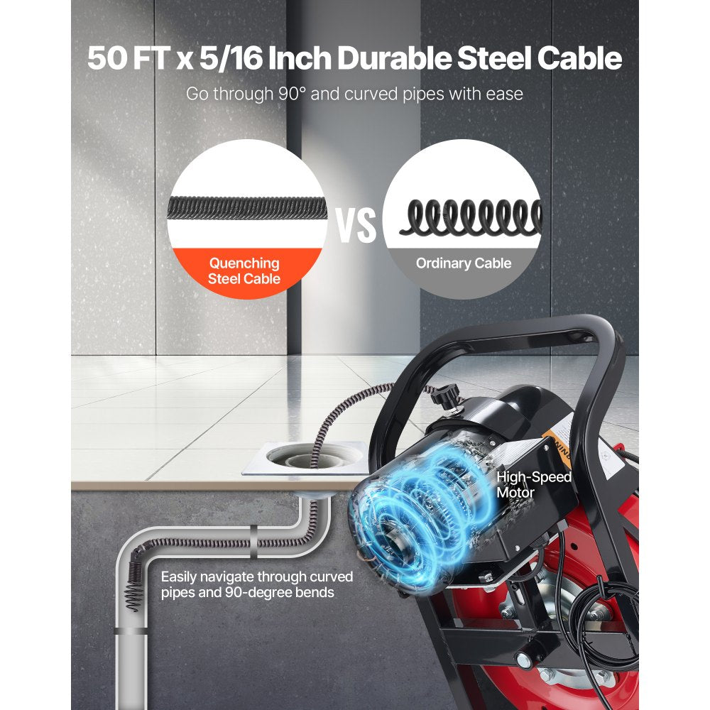 VEVOR Drain Cleaner Machine 50 FT x 5/16 Inch, Auto Feed Sewer Snake Auger with 4 Cutters & Air-Activated Foot Switch