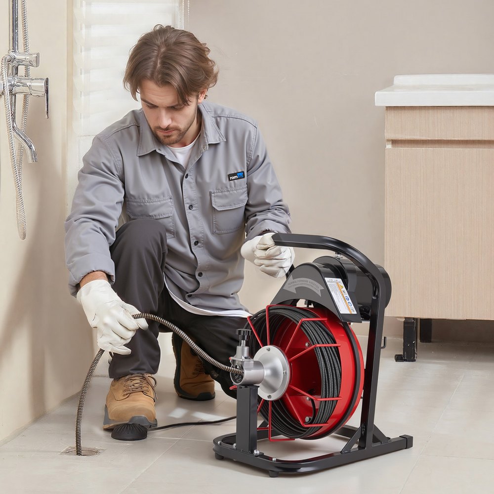 VEVOR Drain Cleaner Machine 50 FT x 5/16 Inch, Auto Feed Sewer Snake Auger with 4 Cutters & Air-Activated Foot Switch