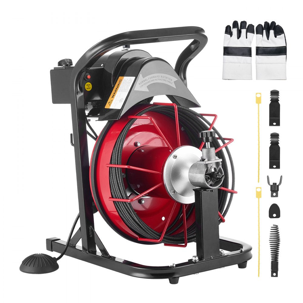 VEVOR Drain Cleaner Machine 50 FT x 5/16 Inch, Auto Feed Sewer Snake Auger with 4 Cutters & Air-Activated Foot Switch