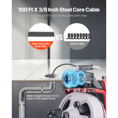 VEVOR Drain Cleaner Machine 100 FT x 3/8 Inch, Auto Feed Sewer Snake Drain Auger on Wheels, Portable Drain Cleaning