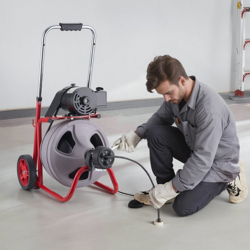 VEVOR Drain Cleaner Machine 100 FT x 3/8 Inch, Auto Feed Sewer Snake Drain Auger on Wheels, Portable Drain Cleaning